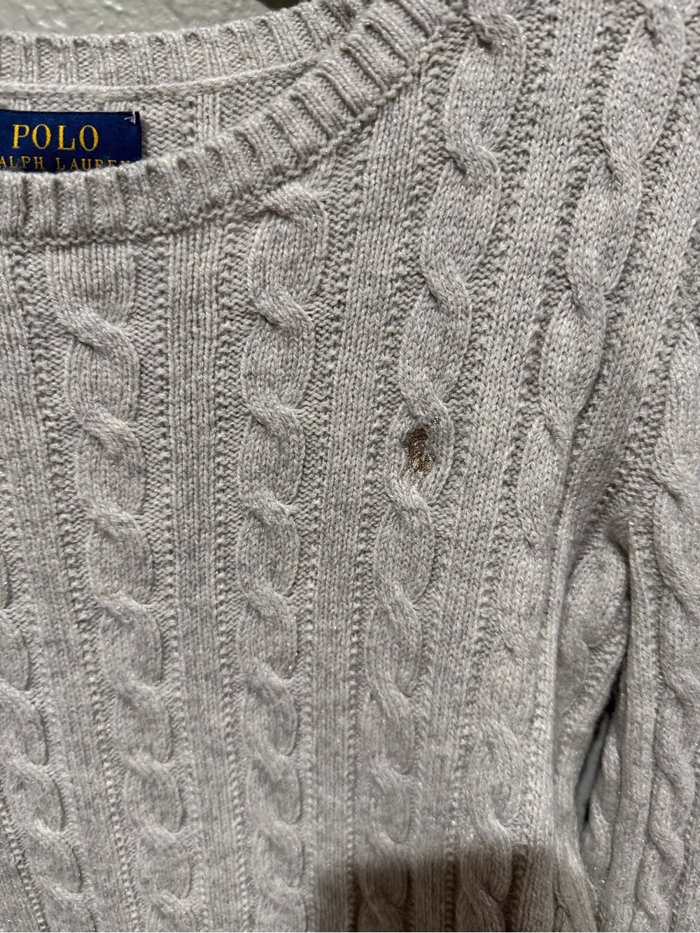 Polo by Ralph Lauren Light Gray Cable Knit Crewneck Sweater Wool Blend Gold Euc - Picture 3 of 6